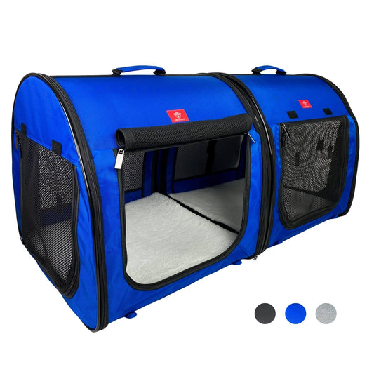 Portable 2-In-1 Double Pet Kennelshelter Fabric Royal Blue 20x20x39 - Car Seat-Belt Fixture Included